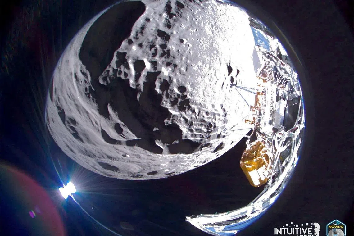 Intuitive Machines' Odysseus lunar lander captures a wide field of view image of the Schomberger crater on the Moon, in this handout picture released on Feb 23, 2024.