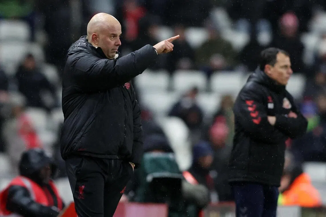 Liverpool manager Arne Slot gesturing during the 1-0 English Premier League win over Sunderland at the Stadium of Light on Feb 11, 2026.
