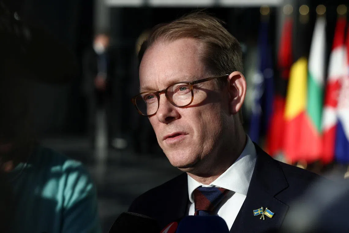 FILE PHOTO: Sweden's Foreign Minister Tobias Billstrom speaks to the media as he attends a NATO foreign ministers meeting at the Alliance's headquarters in Brussels, Belgium November 28, 2023. REUTERS/Yves Herman/File Photo