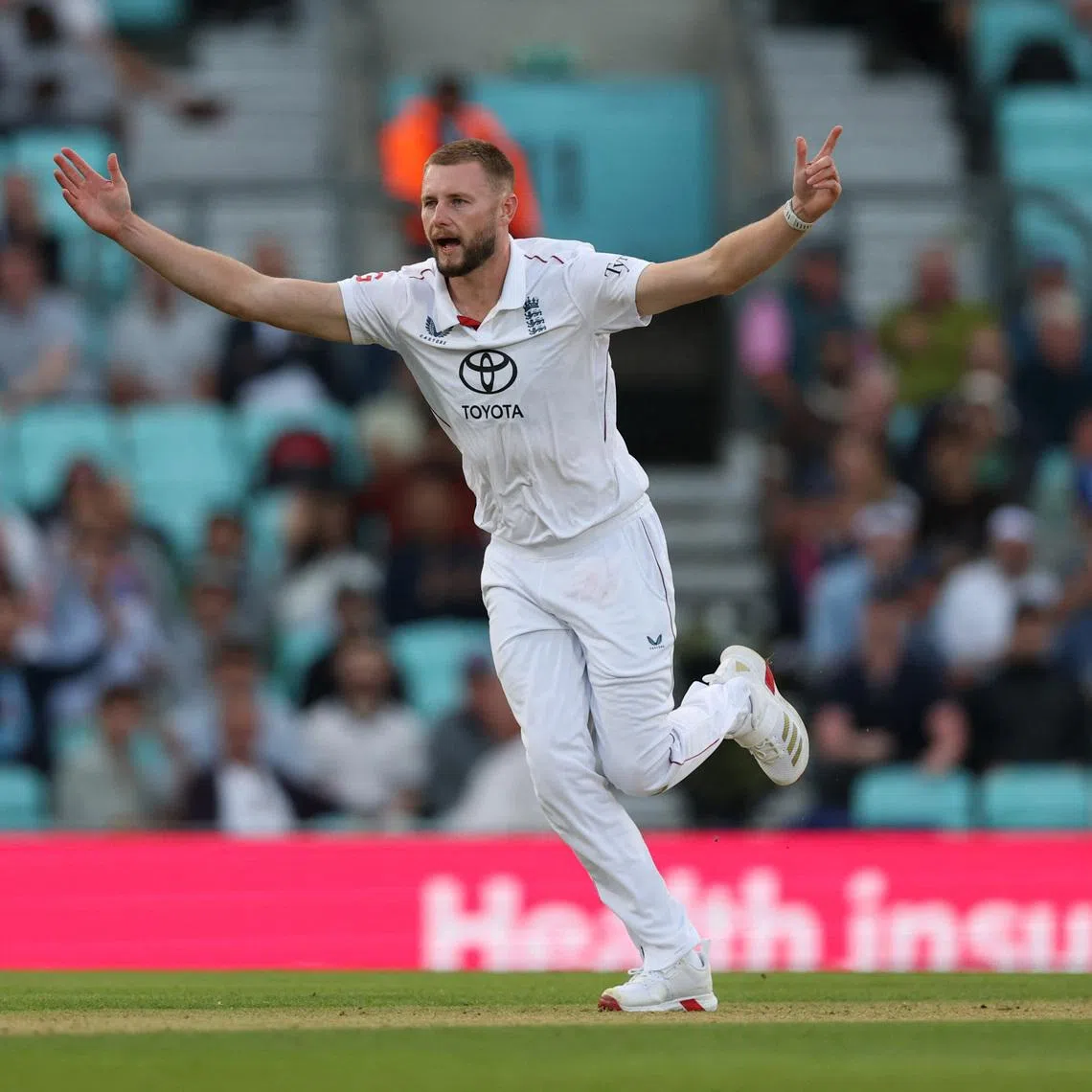 Cricket - International Test Match Series - Fifth Test - England v India - Kia Oval, London, Britain - August 1, 2025 England's Gus Atkinson celebrates after taking the wicket of India's Sai Sudharsan Action Images via Reuters/Paul Childs