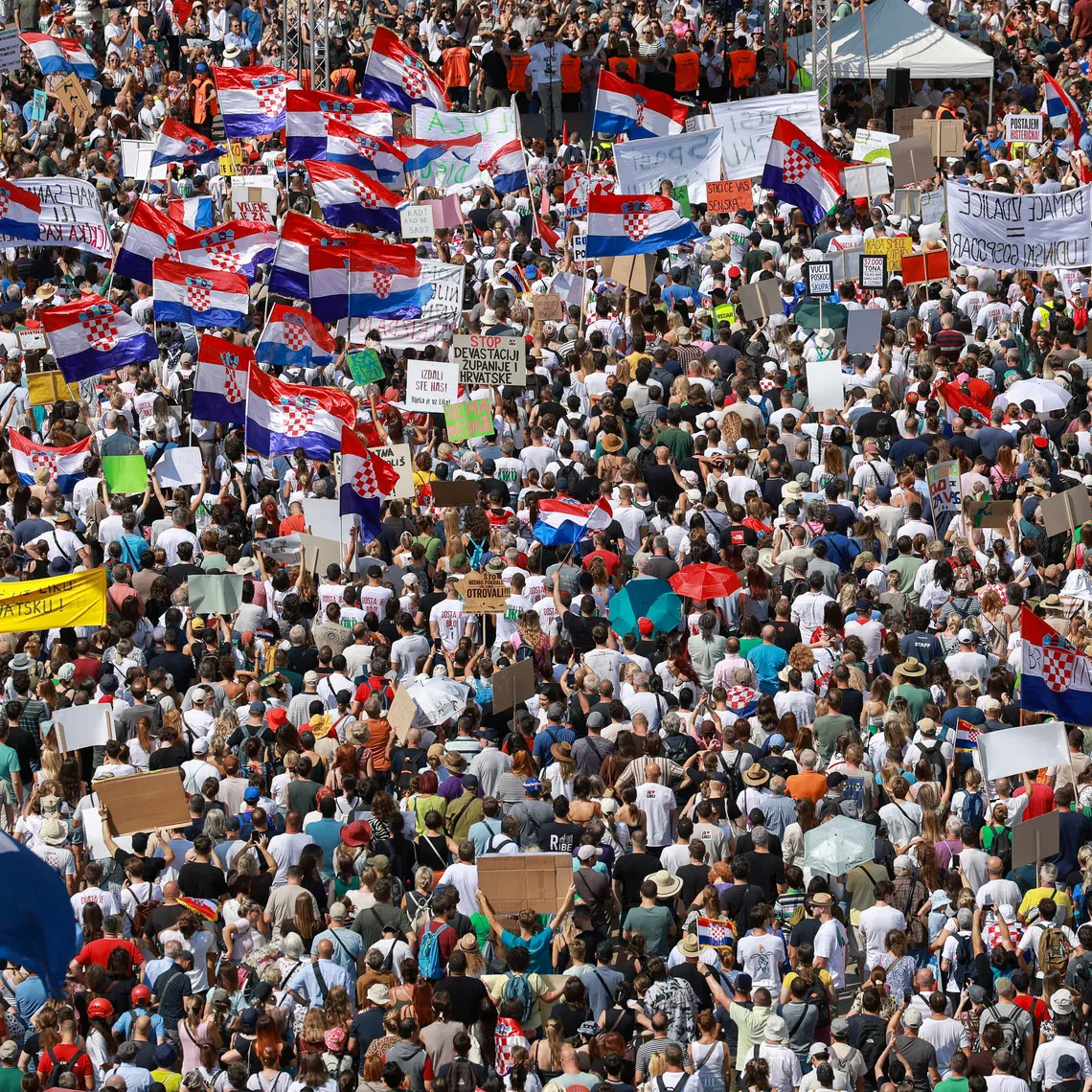 People protest demanding urgent action over illegally dumped hazardous waste in the Lika region and warning of risks to groundwater and public health, in Zagreb, Croatia, September 5, 2026. REUTERS/Borut Zivulovic