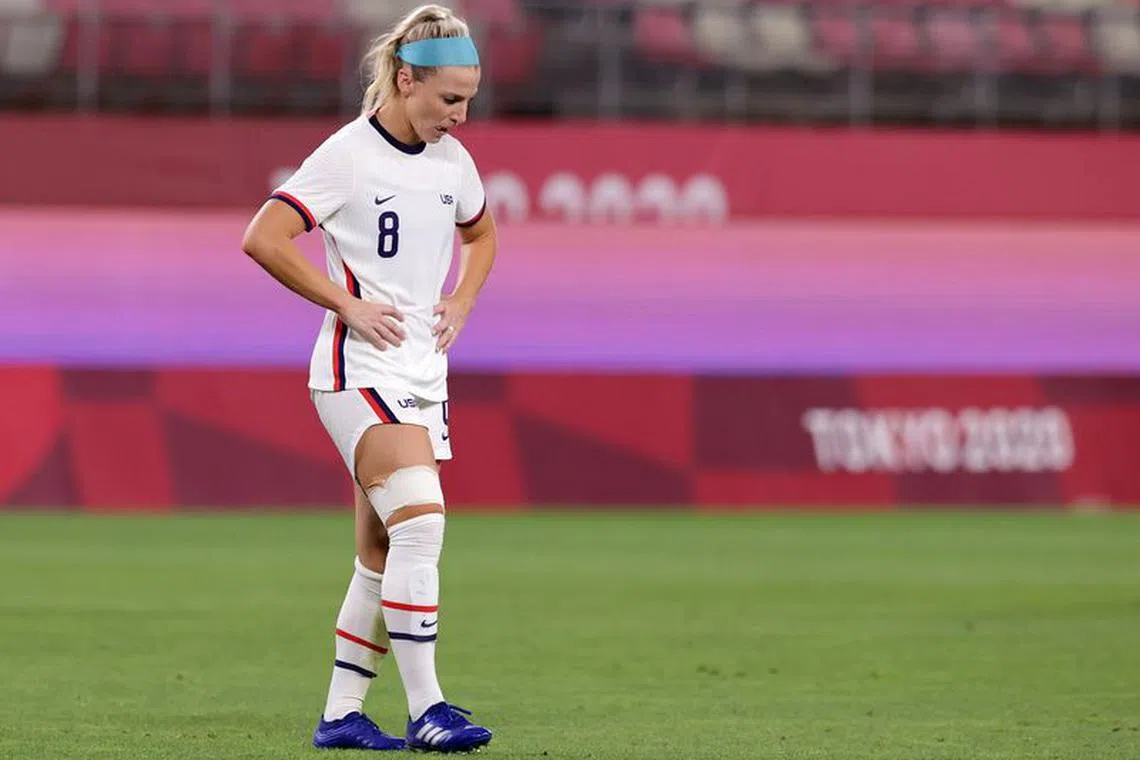 FILE PHOTO-Tokyo 2020 Olympics - Soccer Football - Women - Group G - United States v Australia - Ibaraki Kashima Stadium, Ibaraki, Japan - July 27, 2021. Julie Ertz of the United States after the match REUTERS/Henry Romero/File Photo