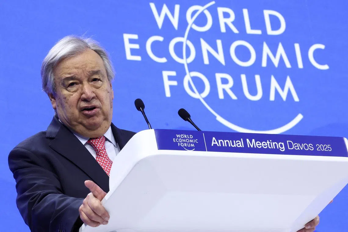 United Nations Secretary-General Antonio Guterres speaks during the 55th annual World Economic Forum (WEF) meeting in Davos, Switzerland, January 22, 2025. REUTERS/Yves Herman