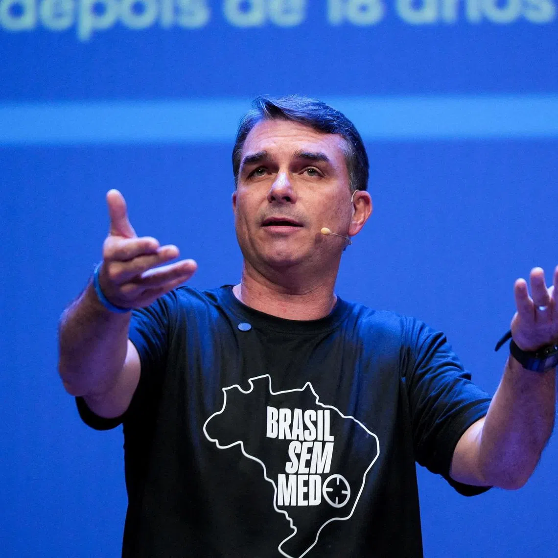 FILE PHOTO: Brazilian Senator Flavio Bolsonaro speaks during an event in Sao Paulo, Brazil, June 18, 2026. REUTERS/Alexandre Meneghini/File Photo