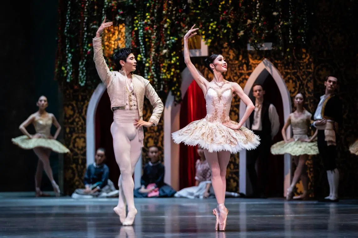 Love conquers all in Don Quixote, presented by Singapore Ballet.  Kwok Min Yi (right) performs the female lead and Satoru Agetsuma performs the male lead. Photo of Kwok and Agetsuma in Singapore Ballet's 2019 production of Don Quixote. 