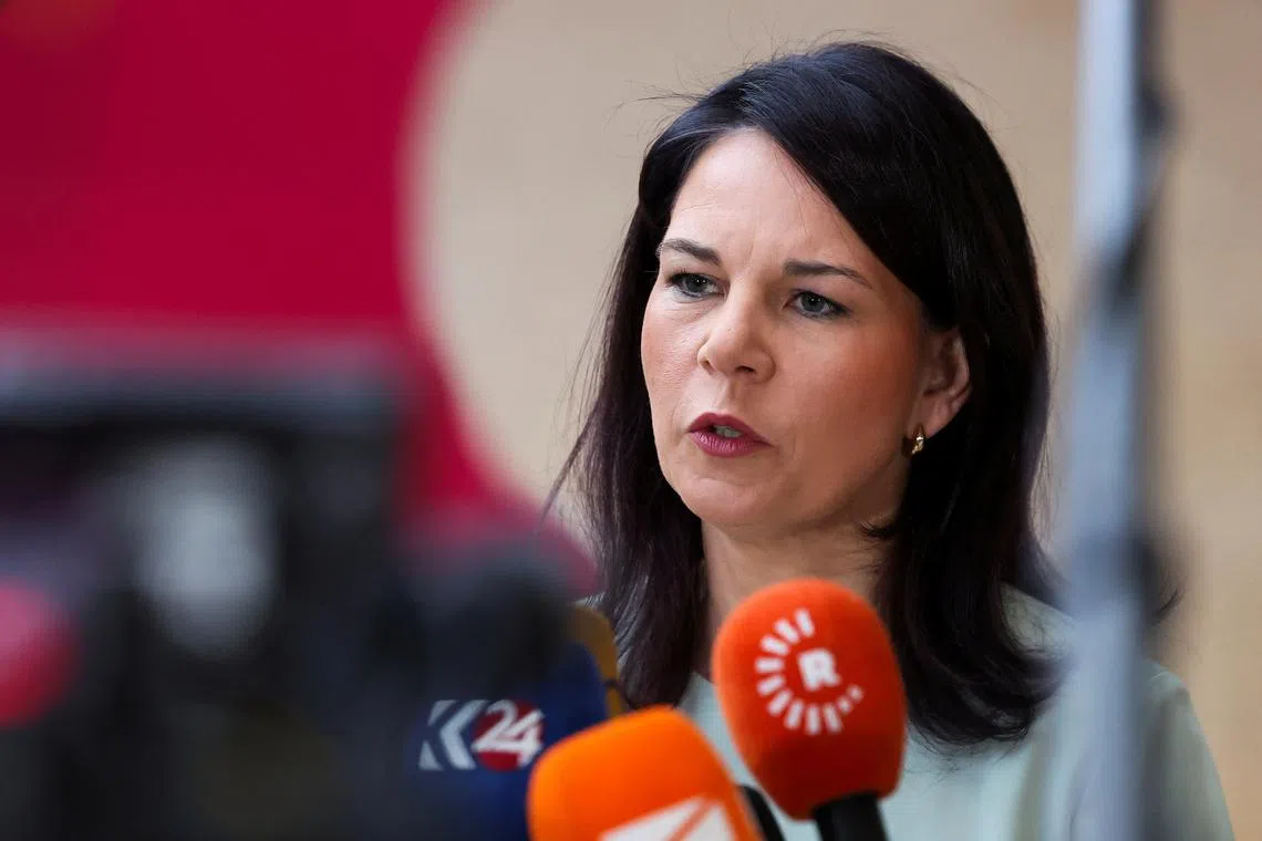 German Foreign Minister Annalena Baerbock attends a European Union Foreign Ministers meeting in Brussels, Belgium, March 17, 2025. REUTERS/Yves Herman