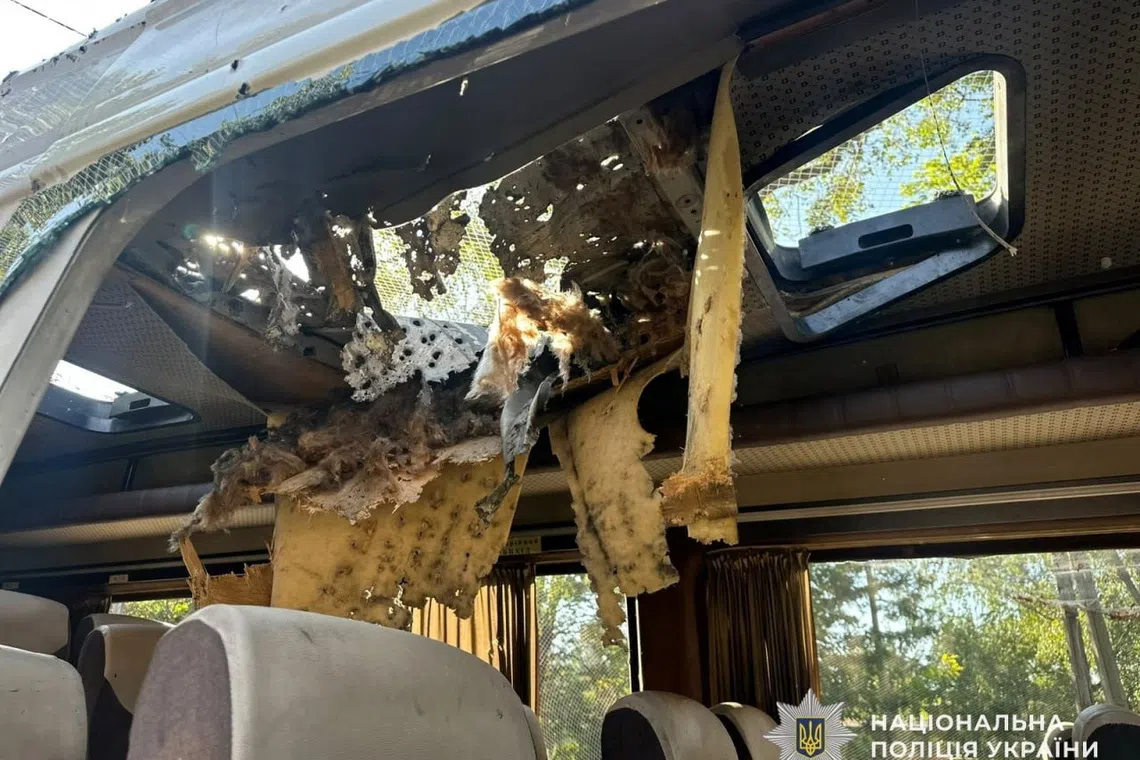 The interior of a passenger bus which was hit by a Russian FPV-drone, amid Russia's attack on Ukraine, in Dnipropetrovsk region, Ukraine September 16, 2026. Press service of the National Police of Ukraine/Handout via REUTERS