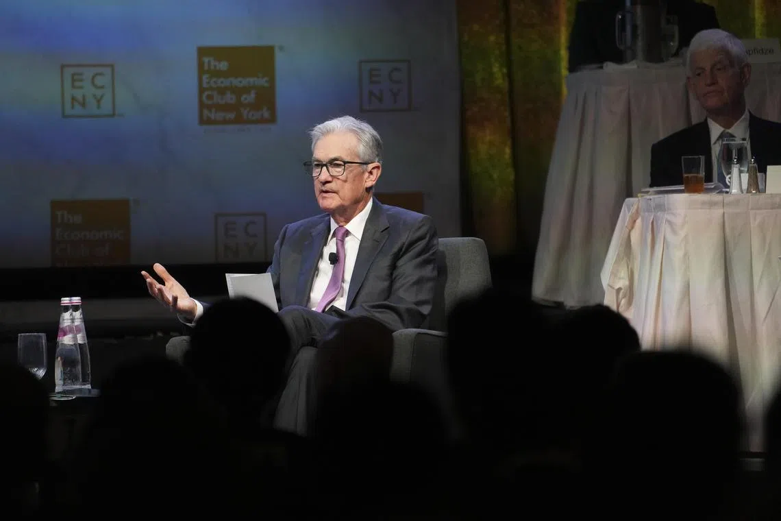 US Fed chairman Jerome Powell delivers remarks at the Economic Club of New York.