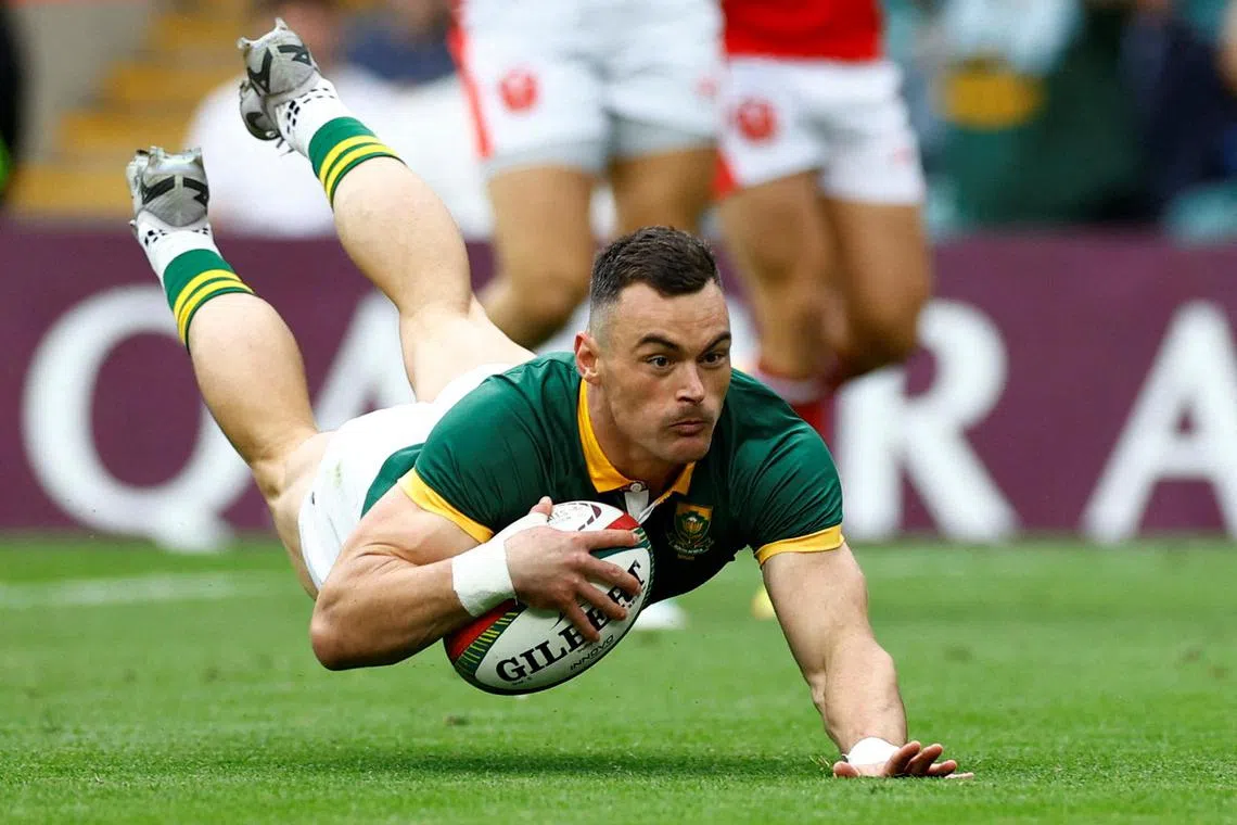 Jesse Kriel scoring South Africa's first try in their 41-13 win over Wales at Twickenham on June 22.