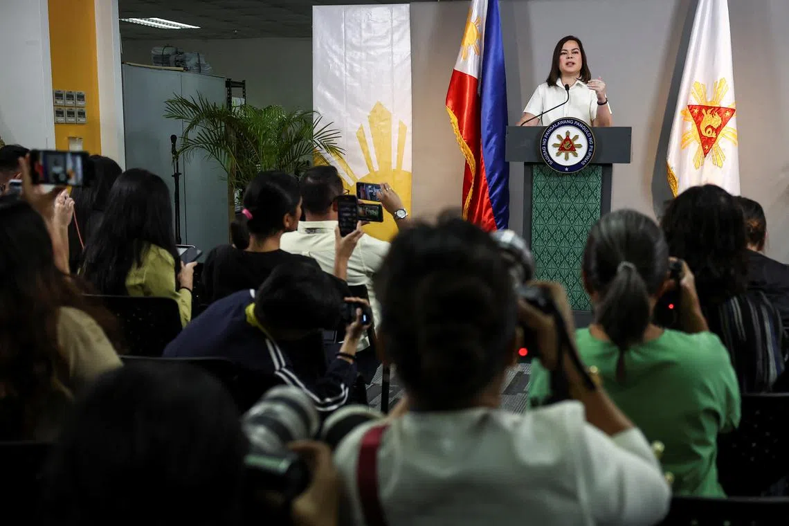 Philippine Vice President Sara Duterte delivers a statement following her impeachment by the lower house of the Congress, in her office at Mandaluyong City, Metro Manila, Philippines, February 7, 2025. REUTERS/Eloisa Lopez/File Photo