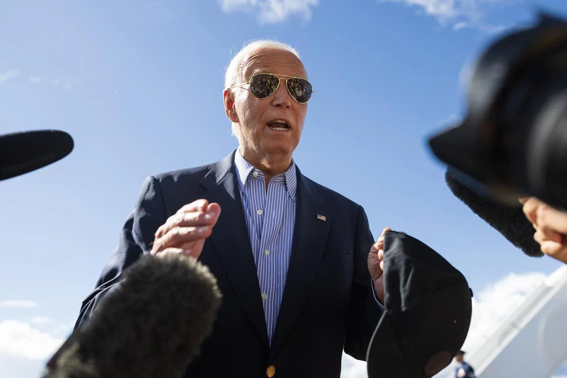 President Joe Biden speaks to reporters before boarding Air Force One in Madison, Wis., on Friday, July 5, 2024. Winning the battleground state is crucial to President BidenÕs hopes of four more years in the White House, making it an appropriate stop for the high-stakes moment. (Tom Brenner/The New York Times)