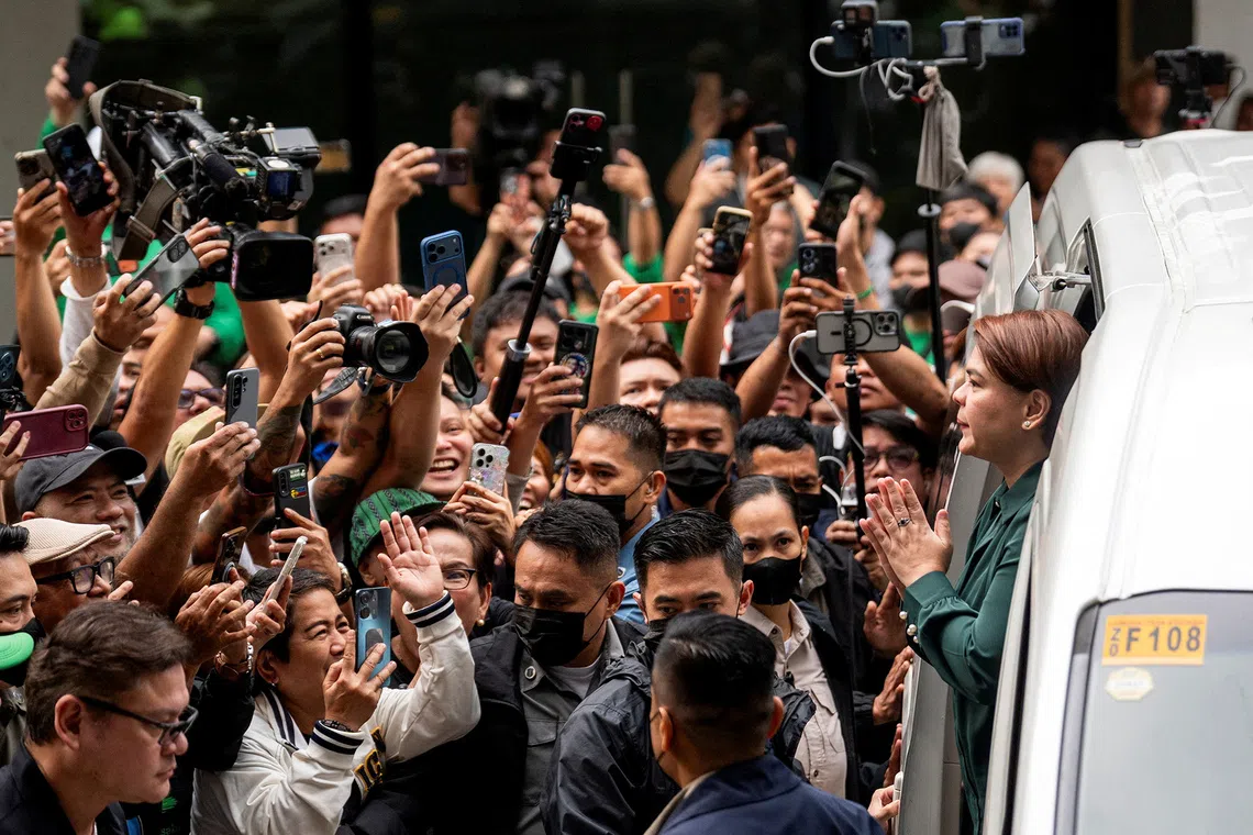 Philippine Vice President Sara Duterte arrives at the Quezon City Regional Trial Court for her arraignment in Quezon City, Philippines, September 11, 2026. REUTERS/Lisa Marie David TPX IMAGES OF THE DAY