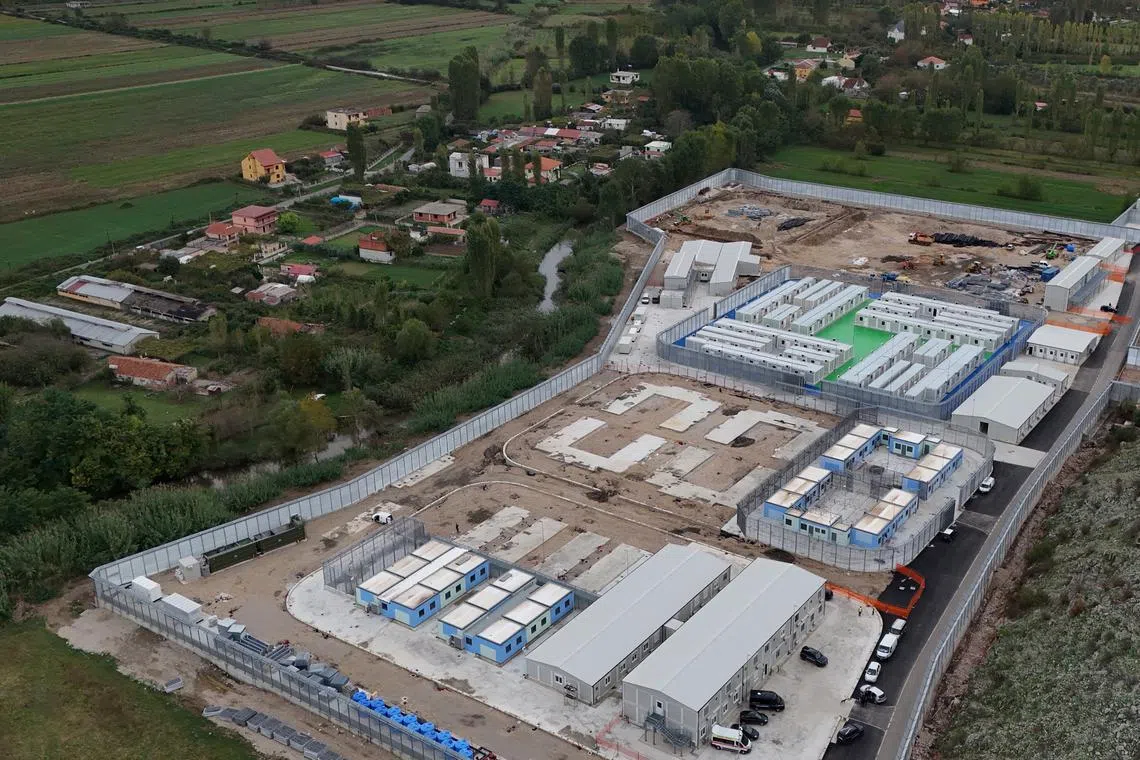 FILE PHOTO: A drone view of the camp for illegal migrants who would be brought from Italy in Gjader, Albania, October 11, 2024. REUTERS/Florion Goga/File Photo
