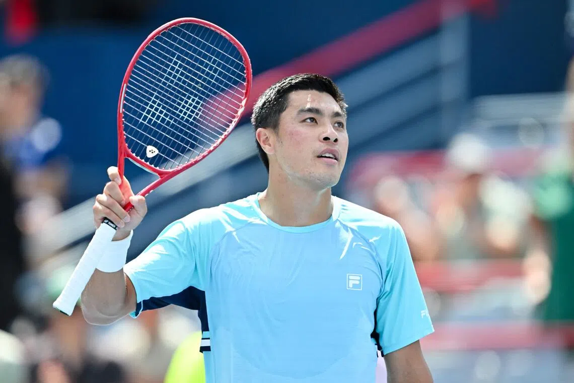 Brandon Nakashima of the US celebrating his win against Italy’s Luciano Darderi on Aug 11.