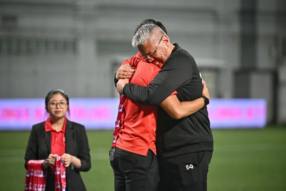Outgoing BG Tampines Rovers Chairman Desmond Ong hugging head coach Gavin Lee during the medal presentation of the 2025 Singapore Cup final at Jalan Besar Stadium on May 31, 2025.