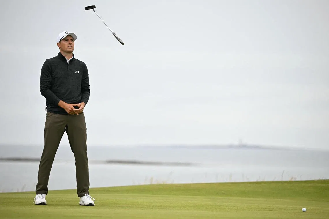 US golfer Jordan Spieth reacts to missing his putt on the fifth green during his third round of the British Open on July 20, 2024. 