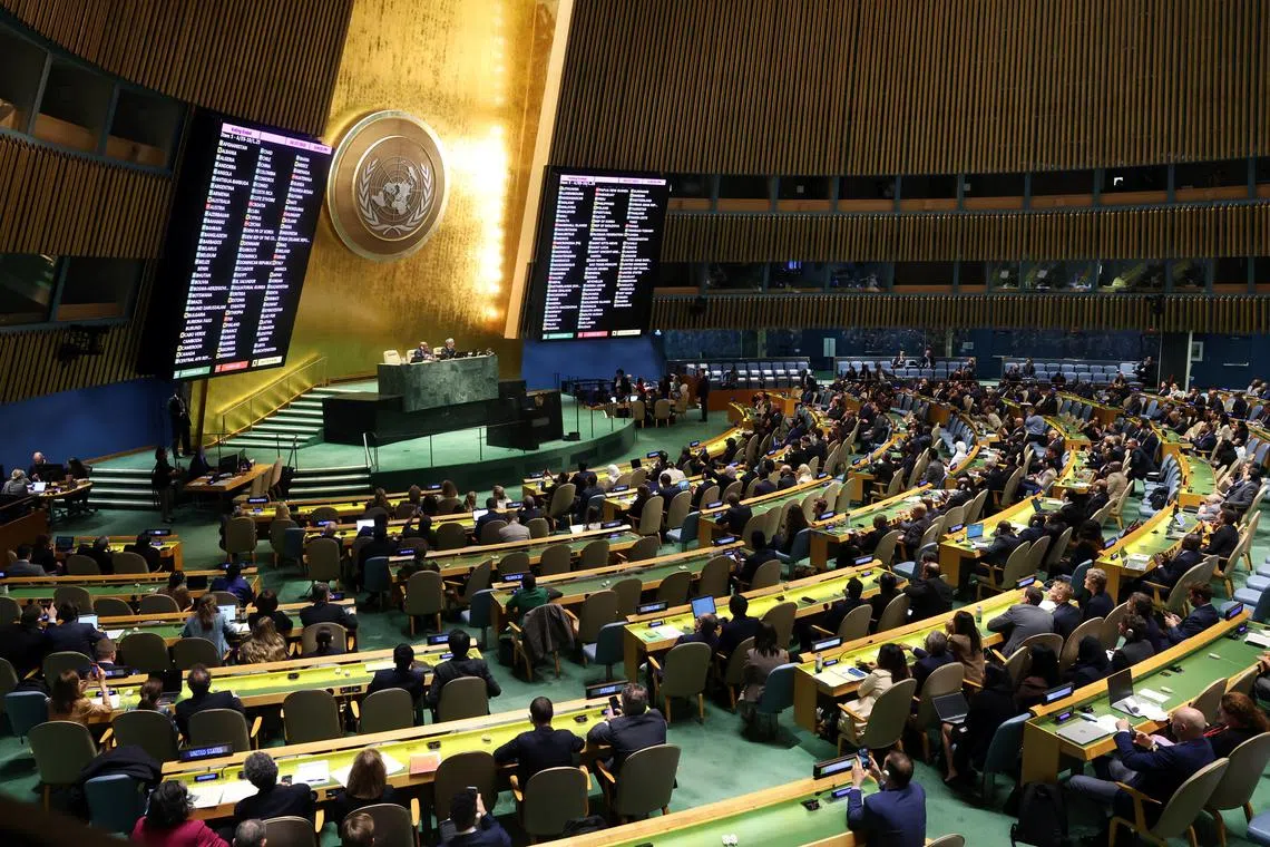 The results of a vote to adopt a draft resolution are shown on a display during an emergency special session of the UN General Assembly in New York, on Oct 27, 2023.