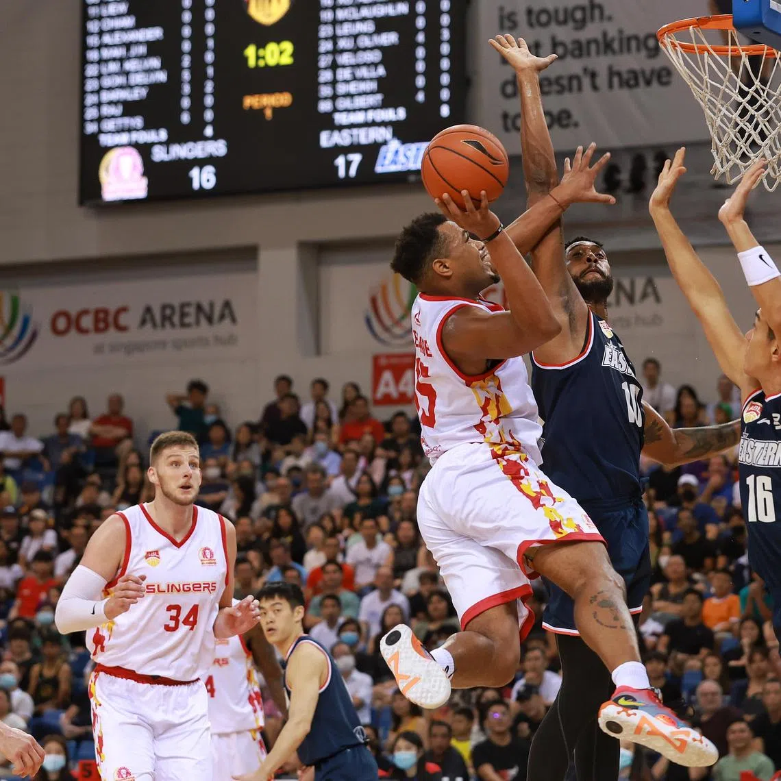 Singapore Slingers’ Xavier Alexander attempting a shot against Hong Kong Eastern in a 2023 Asean Basketball League Invitational match at OCBC Arena in January 2023.