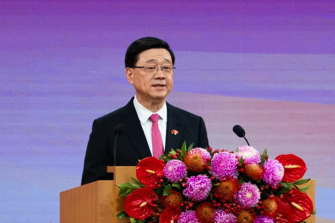 Hong Kong's Chief Executive John Lee speaks during celebrations of the anniversary of the handover of Hong Kong, in Hong Kong, on Jul 1, 2025. 