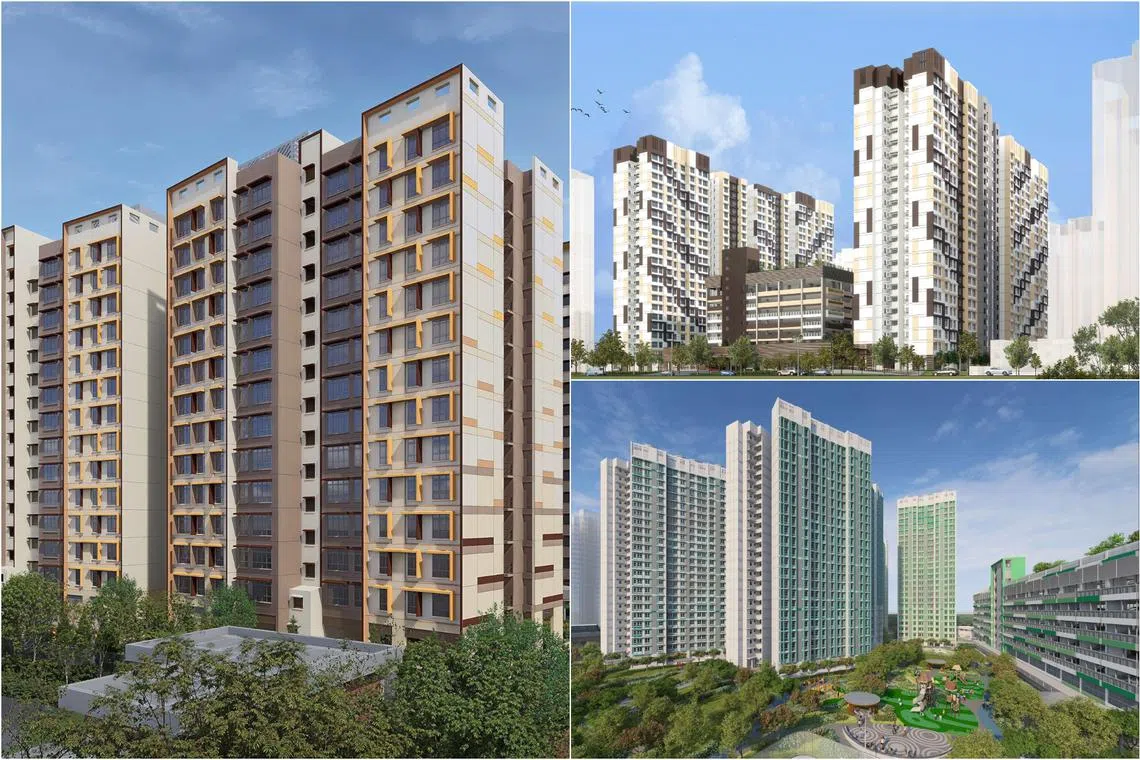 Artist's impressions of the new BTO flats at (clockwise from left) West BrickVille @ Bukit Batok, Fernvale Sails and Fernvale Oasis.