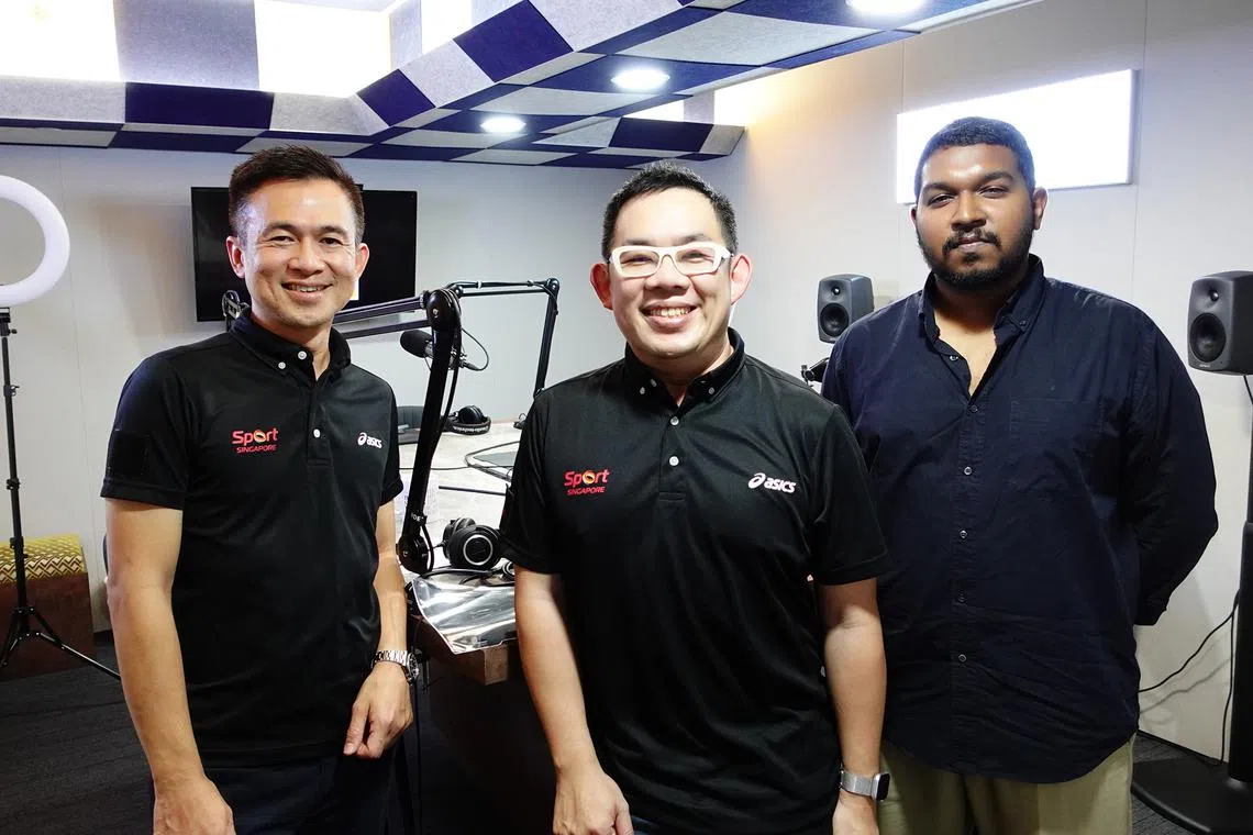 Sport Singapore chief executive Alan Goh (centre) and Singapore Sport Institute chief Su Chun Wei (left) on ST's Hard Tackle podcast.