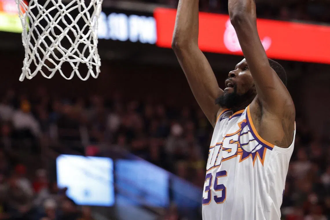 Phoenix Suns forward Kevin Durant dunking against the Utah Jazz during the first quarter at Delta Centre on Nov 19. He scored 39 points and thwarted Utah’s Lauri Markkanen at the final buzzer to help the Suns to a 140-137 win.