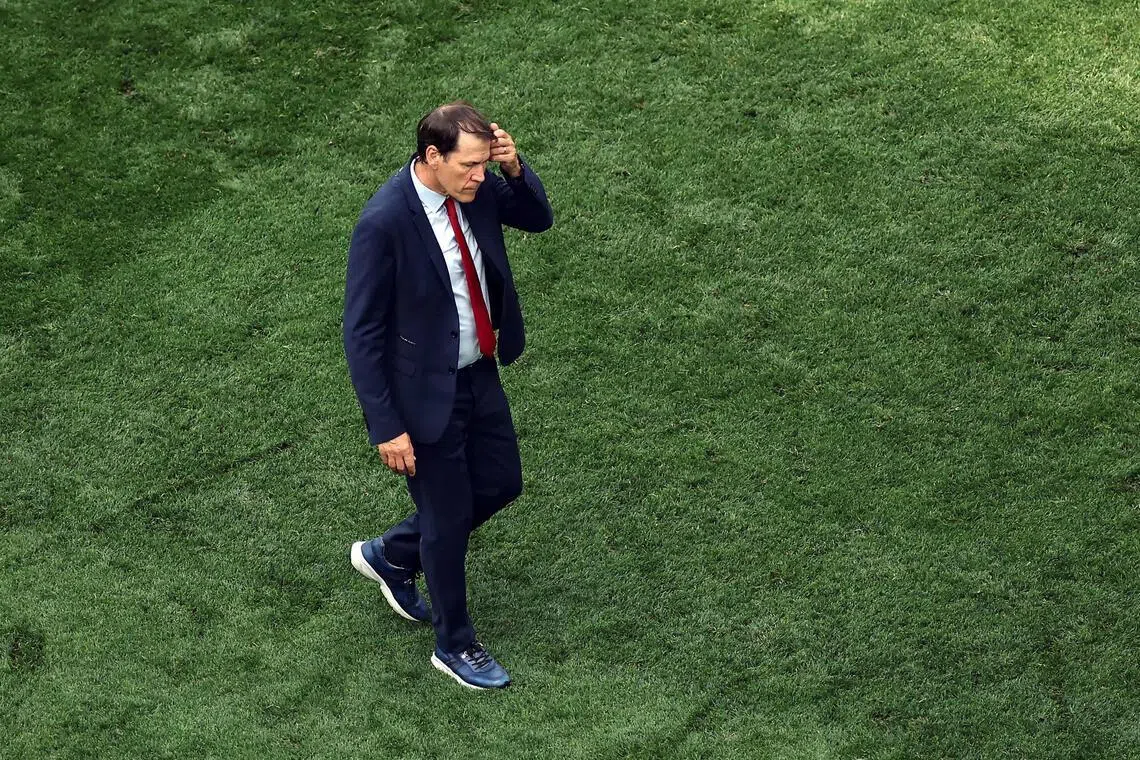 Belgium coach Rudi Garcia reacts after his team’s 1-2 loss to Spain on July 10.