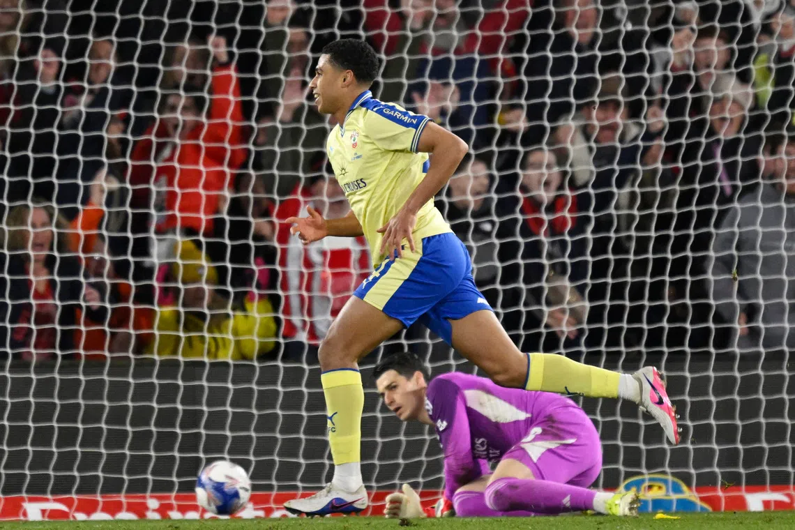 FILE PHOTO: Soccer Football - FA Cup - Quarter Final - Southampton v Arsenal - St Mary's Stadium, Southampton, Britain - April 4, 2026 Southampton's Shea Charles celebrates scoring their second goal REUTERS/Tony O Brien/ File Photo