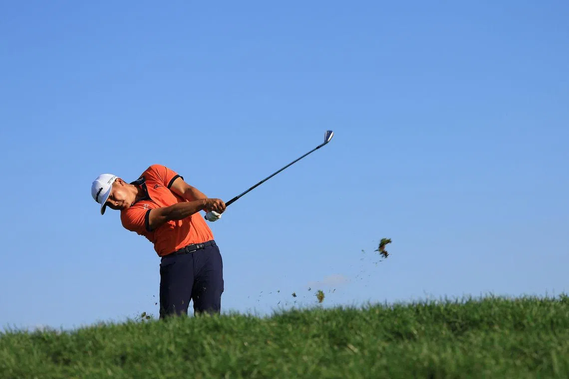 Kurt Kitayama plays his shot from the 14th tee during the third round of the Arnold Palmer Invitational.