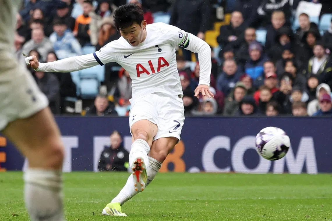 Tottenham Hotspur's Son Heung-min scores the third goal in the 4-0 English Premier League win over Aston Villa.