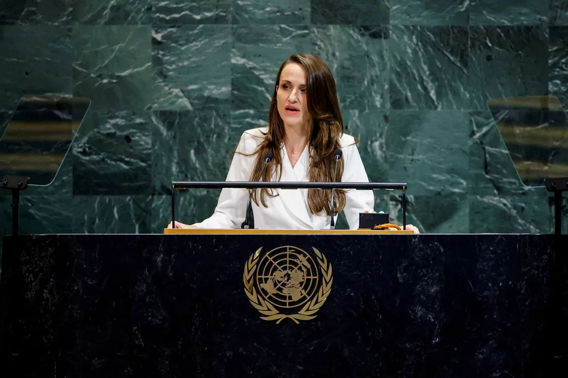 FILE PHOTO: Romania's Foreign Minister Oana-Silvia Toiu addresses the 80th United Nations General Assembly at U.N. headquarters in New York City, U.S., September 27, 2025. REUTERS/Eduardo Munoz/File Photo