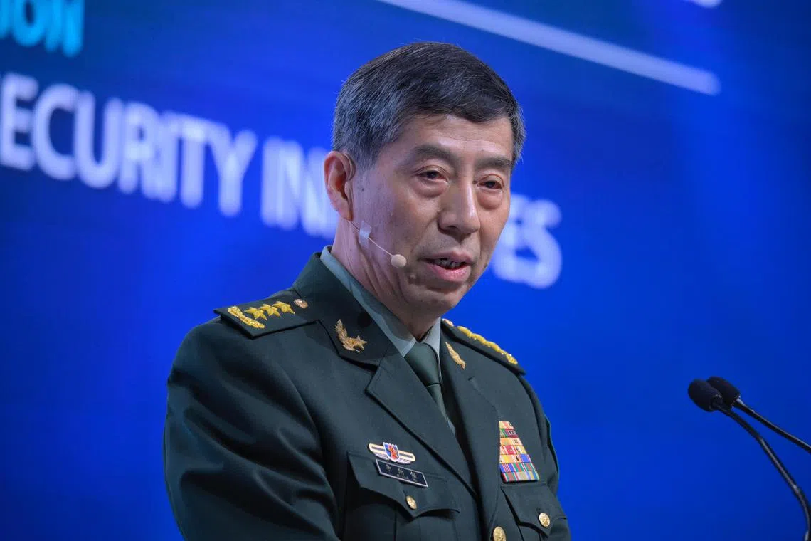China Defence Minister General Li Shangfu speaks during the fifth plenary session at the IISS Shangri-La Dialogue held on June 4, 2023.