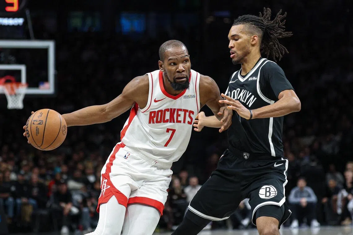 Houston Rockets forward Kevin Durant dribbles against Brooklyn Nets forward Ziaire Williams during the second half at Barclays Center.