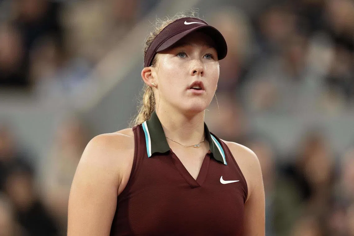 FILE PHOTO: Jun 4, 2025; Paris, FR; Mirra Andreeva during her match against Lois Boisson of France on day 11 at Roland Garros Stadium. Mandatory Credit: Susan Mullane-Imagn Images/File Photo