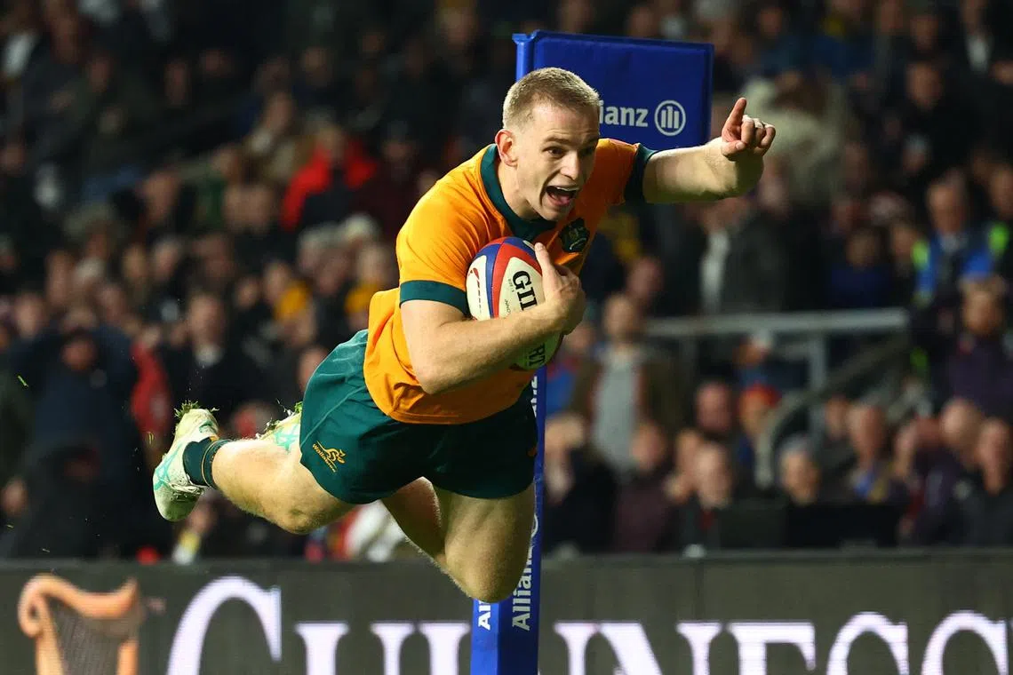 FILE EPHOTO: Rugby Union - Autumn Internationals - England v Australia - Allianz Stadium Twickenham, London, Britain - November 9, 2024 Australia's Max Jorgensen scores their fifth try Action Images via Reuters/Andrew Boyers/File Photo