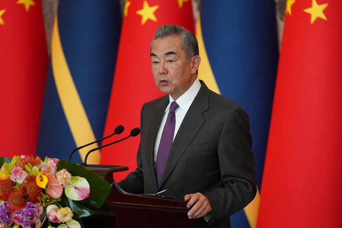 Chinese Foreign Minister Wang Yi gives a speech after signing the Joint Communique on the Resumption of Diplomatic Relations between China and Nauru, at Diaoyutai State Guesthouse, in Beijing, China Wednesday, Jan 24, 2024. Andrea Verdelli/Pool via REUTERS/File Photo
