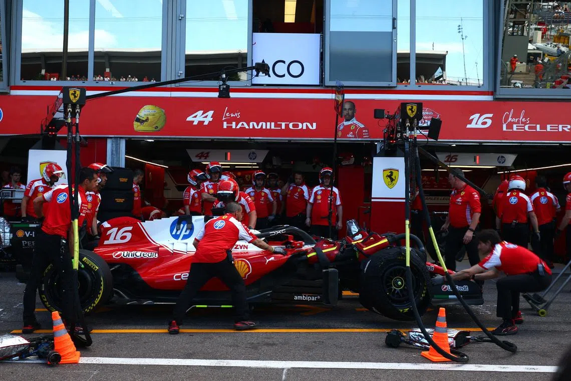 Formula One F1 - Monaco Grand Prix - Circuit de Monaco, Monaco - June 5, 2026 Ferrari's Charles Leclerc in the pits during practice REUTERS/Manon Cruz