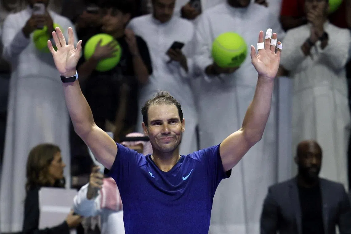Rafael Nadal waving to fans after losing his semi final match against Carlos Alcaraz at the Six Kings Slam in Riyadh.