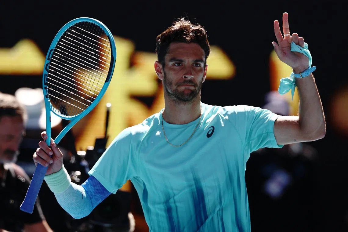 Tennis - Australian Open - Melbourne Park, Melbourne, Australia - January 26, 2026 Italy's Lorenzo Musetti celebrates after winning his fourth round match against Taylor Fritz of the U.S. REUTERS/Tingshu Wang