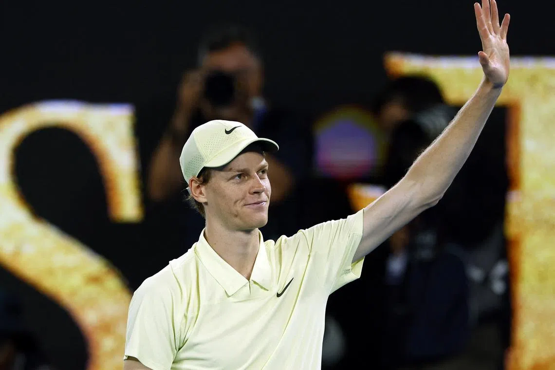 Tennis - Australian Open - Melbourne Park, Melbourne, Australia - January 24, 2025 Italy's Jannik Sinner celebrates winning his semi final match against Ben Shelton of the U.S. REUTERS/Kim Kyung-Hoon