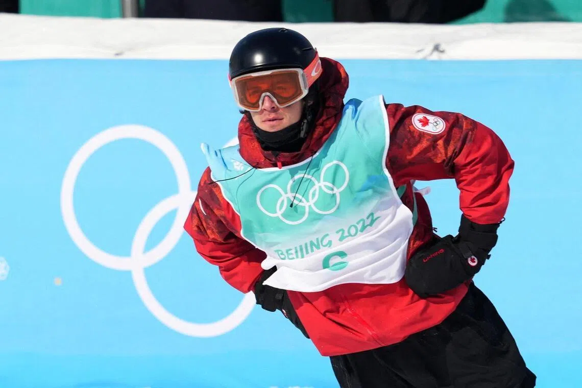 Mark McMorris of Canada competing at the big air event at the 2022 Beijing Olympics, where he won his third straight snowboard bronze in slopestyle.