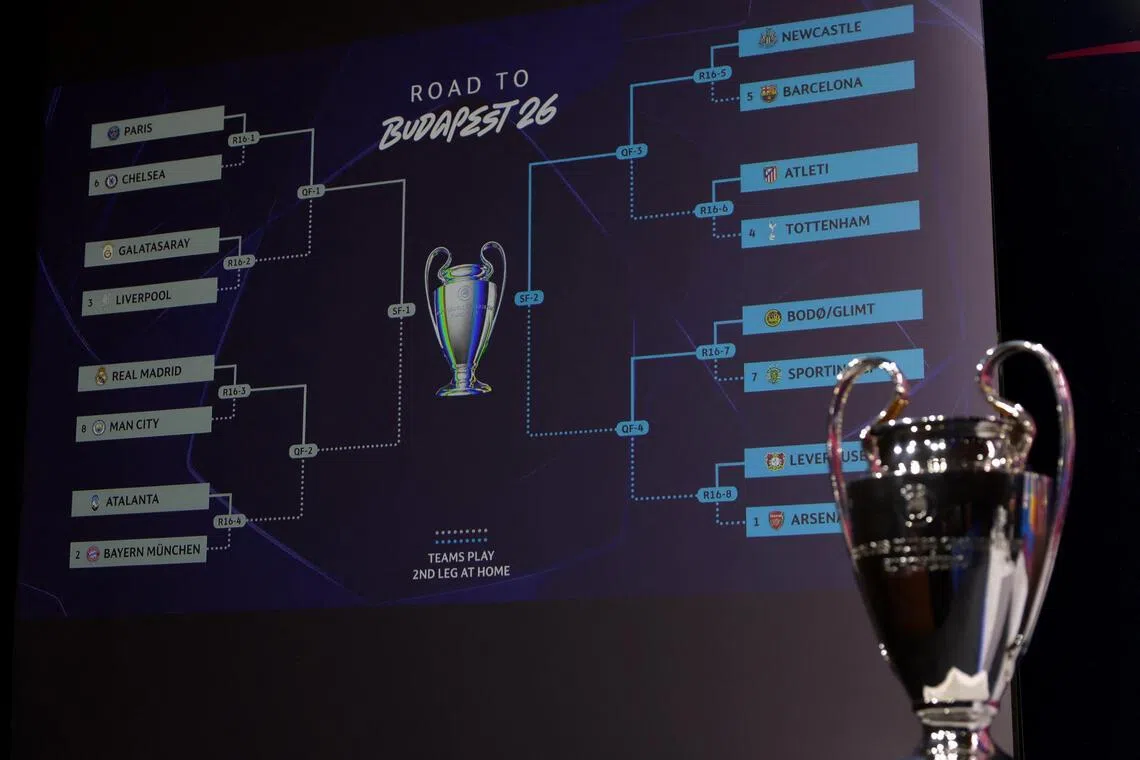 General view of the completed draw and the Champions League trophy at UEFA's  headquarters in Nyon, Switzerland, on Feb 27, 2026.