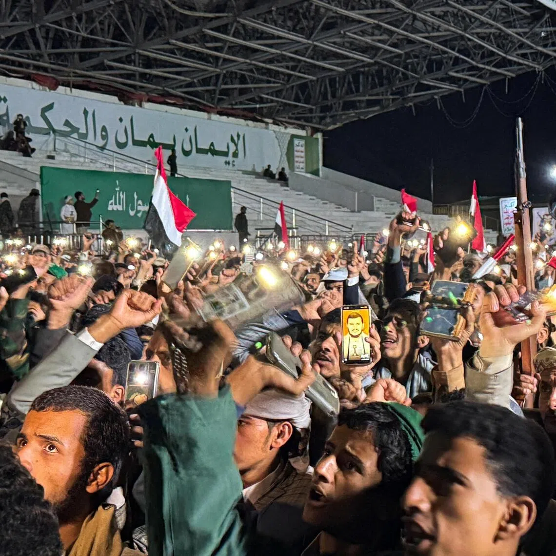Houthi supporters celebrating the advances made by Iran-backed Houthi forces, in Sana’a, Yemen, on Sept 11. After a week-long offensive, the Houthis have seized the Yemeni side of the Bab al-Mandab Strait, the southern gateway to the Red Sea and the Suez Canal.