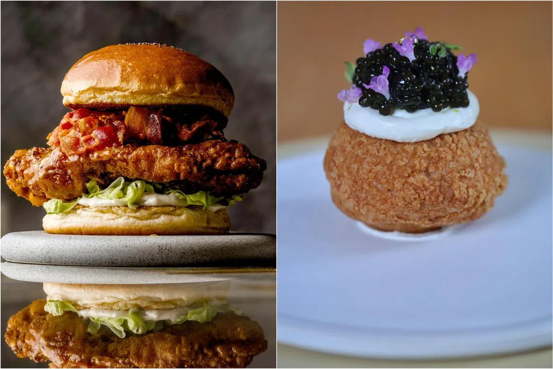 Hot Honey Butter Chicken burger from Wildfire Burgers (left) and Signature Choux from Ami Patisserie.