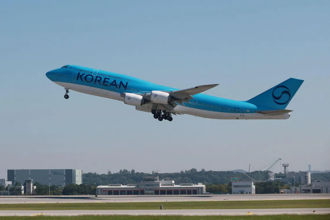 A chartered Korean Air Boeing 747-8I aircraft departs from Incheon International Airport to the United States on Sept 10, 2025, to repatriate hundreds of South Korean workers detained in an immigration raid.