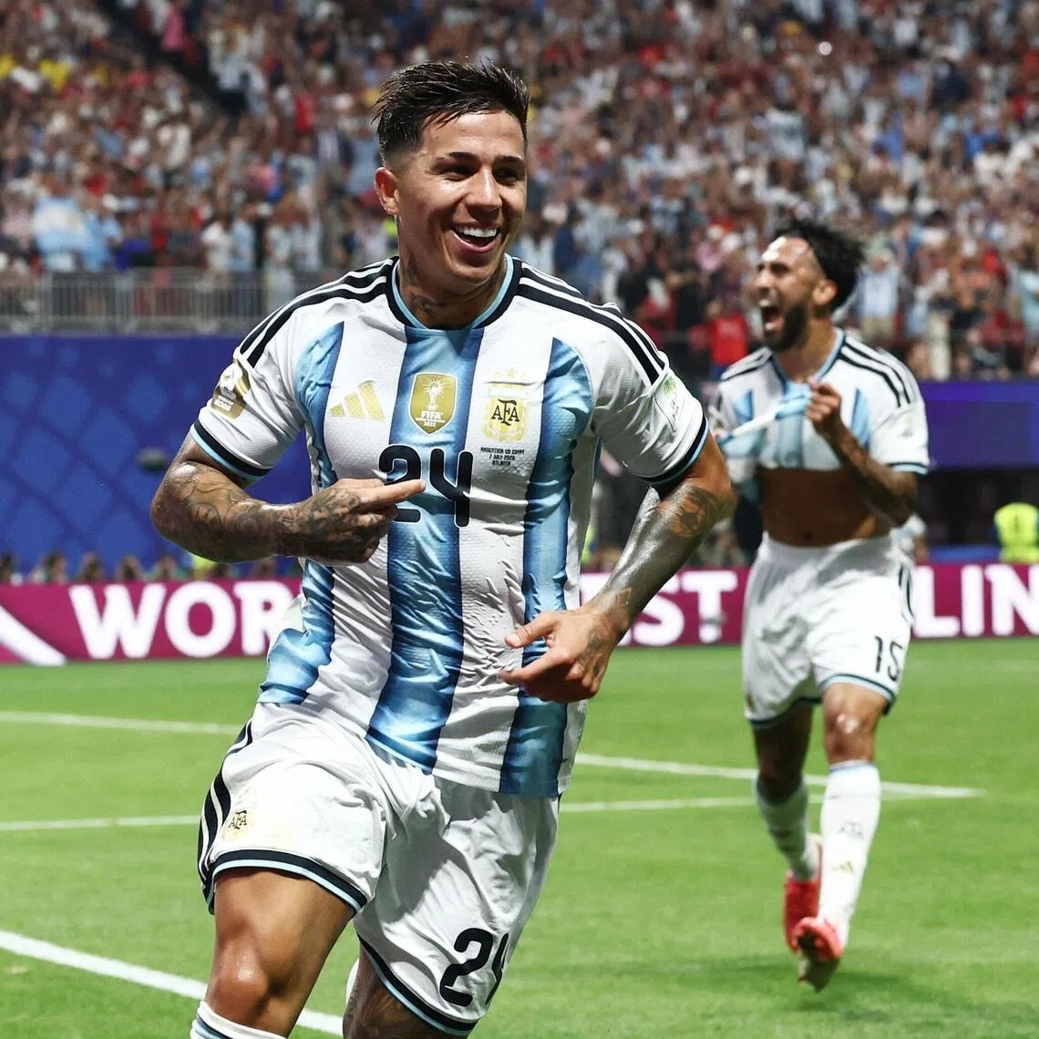 Soccer Football - FIFA World Cup 2026 - Round of 16 - Argentina v Egypt - Atlanta Stadium, Atlanta, Georgia, U.S. - July 7, 2026
Argentina's Enzo Fernandez celebrates scoring their third goal REUTERS/Amanda Perobelli