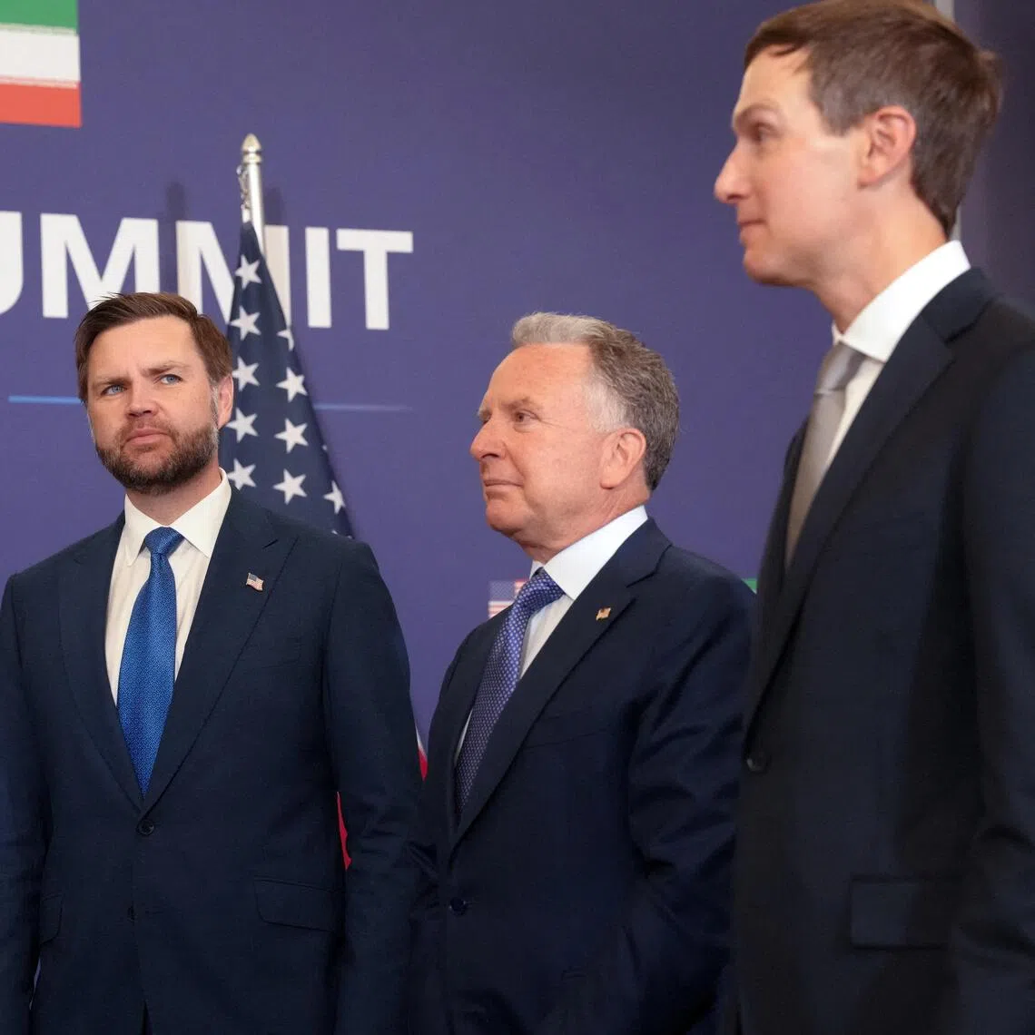 US special envoys Steven Witkoff (centre) and Jared Kushner (right) with US Vice-President J.D. Vance. The last direct flight of a US registered jet to Russia from Europe took place in January 2026, carrying the two envoys.