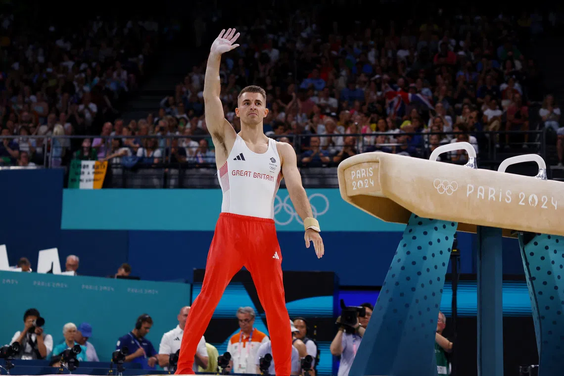 Paris 2024 Olympics - Artistic Gymnastics - Men's Pommel Horse Final - Bercy Arena, Paris, France - August 03, 2024. Max Whitlock of Britain reacts after his performance. REUTERS/Hannah Mckay