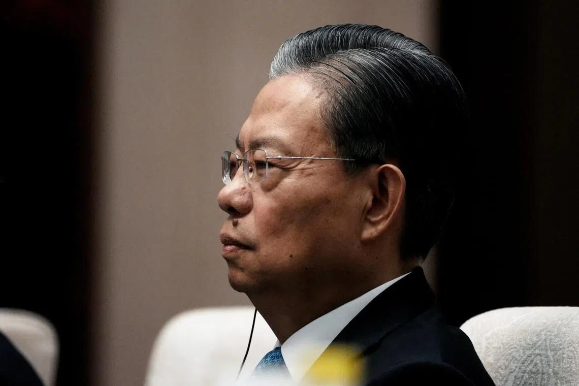 FILE PHOTO: Zhao Leji, the head of the National People's Congress attends a meeting with France's President Emmanuel Macron, at the Great Hall of the People, in Beijing, China, Thursday, April 6, 2023.  Thibault Camus/Pool via REUTERS/File Photo