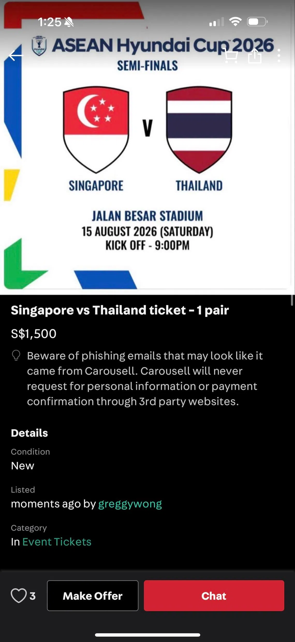 Scalpers have taken to Carousell to profit from ASEAN Championship semi final tickets.
